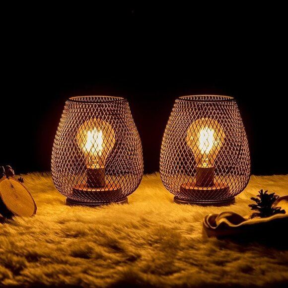 NEW Set of 2 Battery Operated Lamp LED Table Lantern, Metal Cage Cordless Lamp