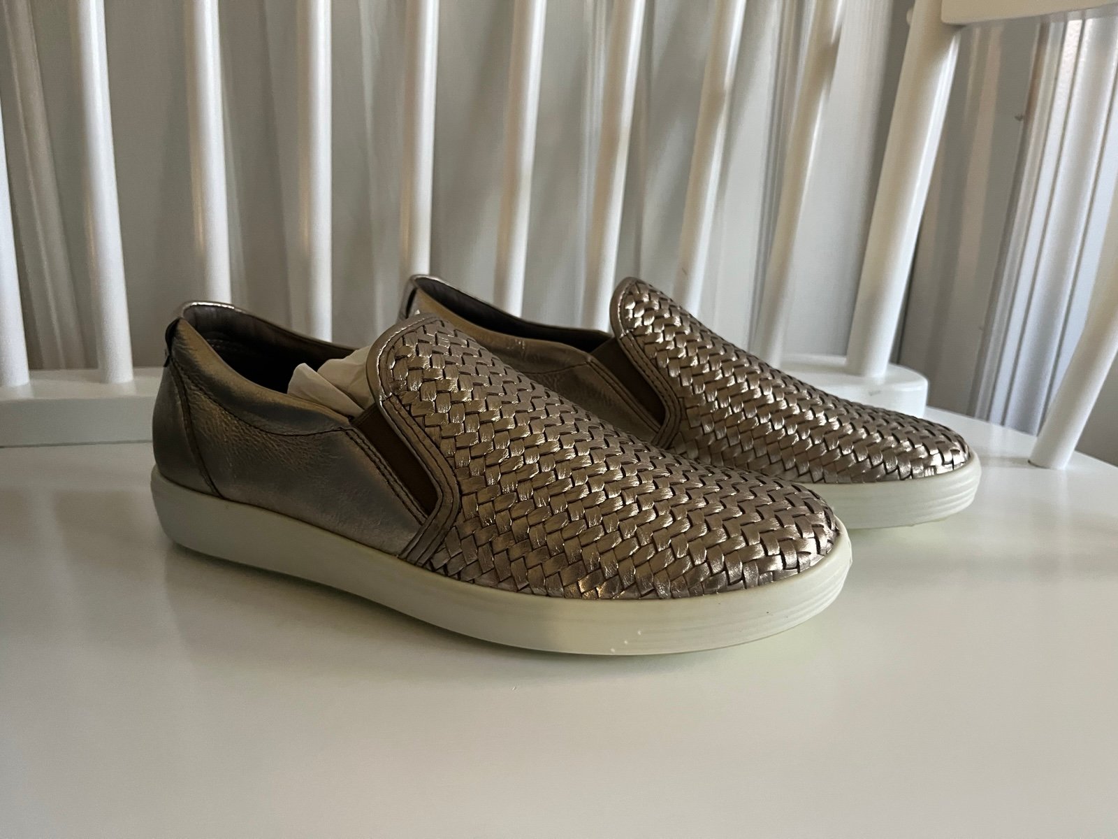 ECCO Soft 7 Womens Slip On Woven Leather Shoes Metallic