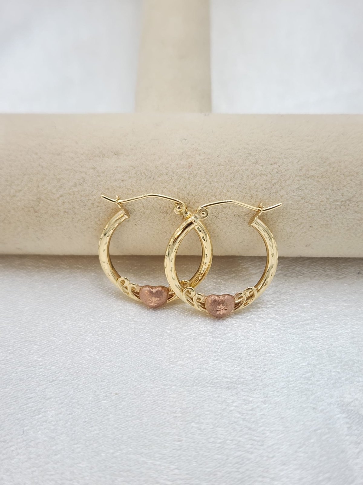 14k gold hoop earrings with rose gold heart