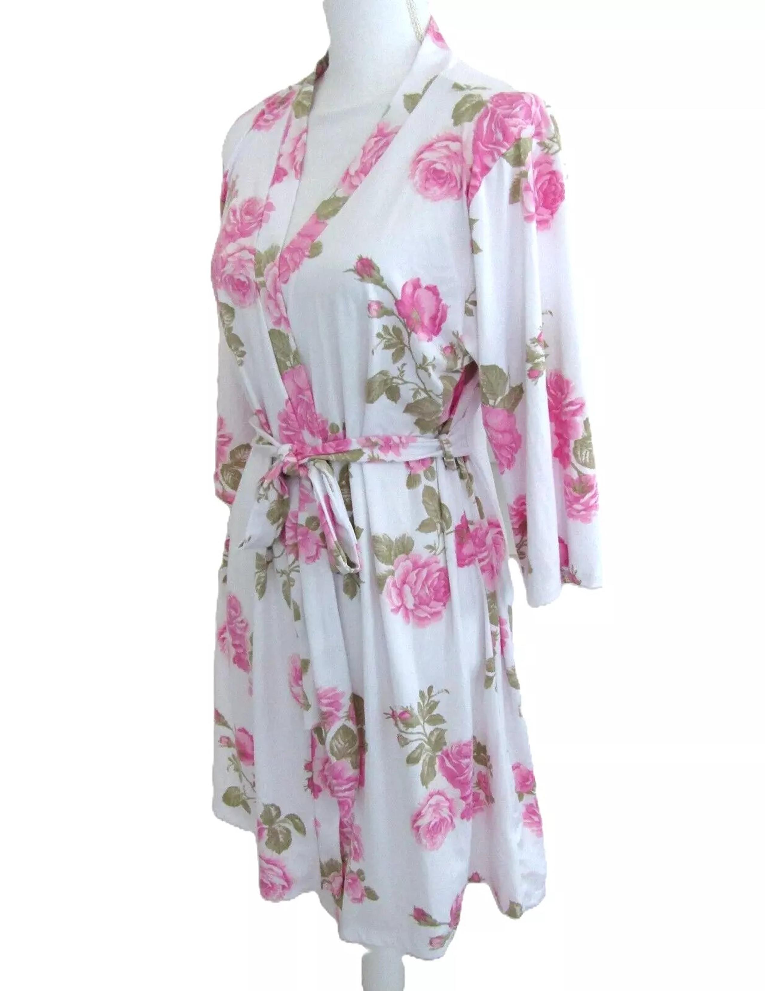 Laura Ashley Rose Floral Print Stretchy Knit Wrap Robe Size Medium