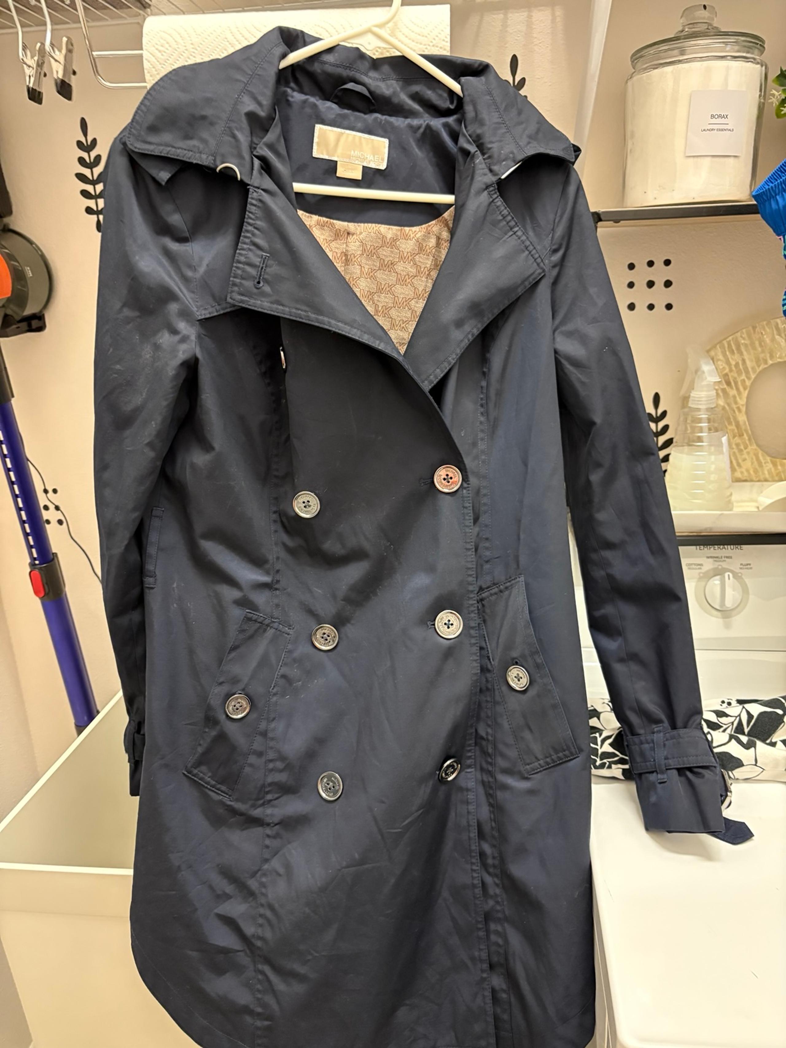 Michael Kors Womens Blue Trench Coat Jacket w/ hood Logo Lining #132481 med READ