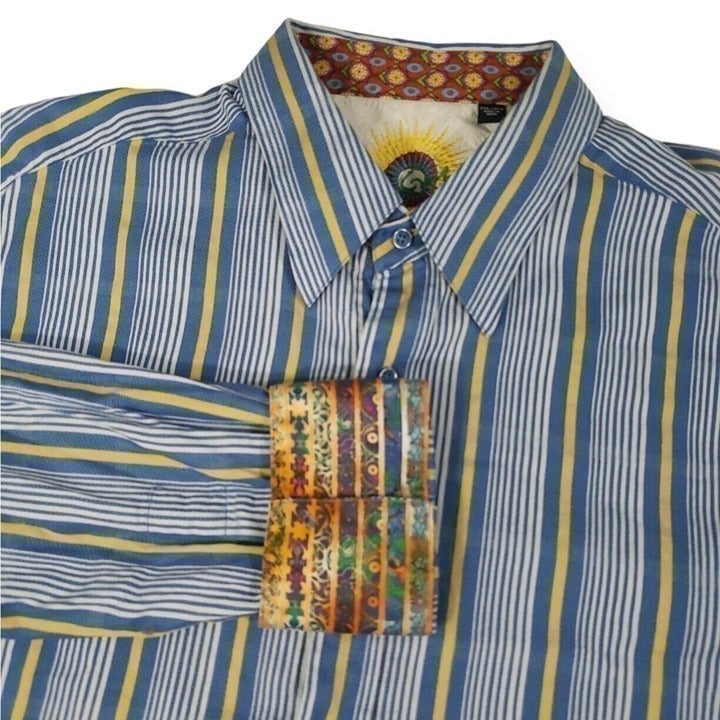 Robert Graham Mens 2XL, XXL Long Sleeve Flip Cuff Blue Yellow Striped Sunburst