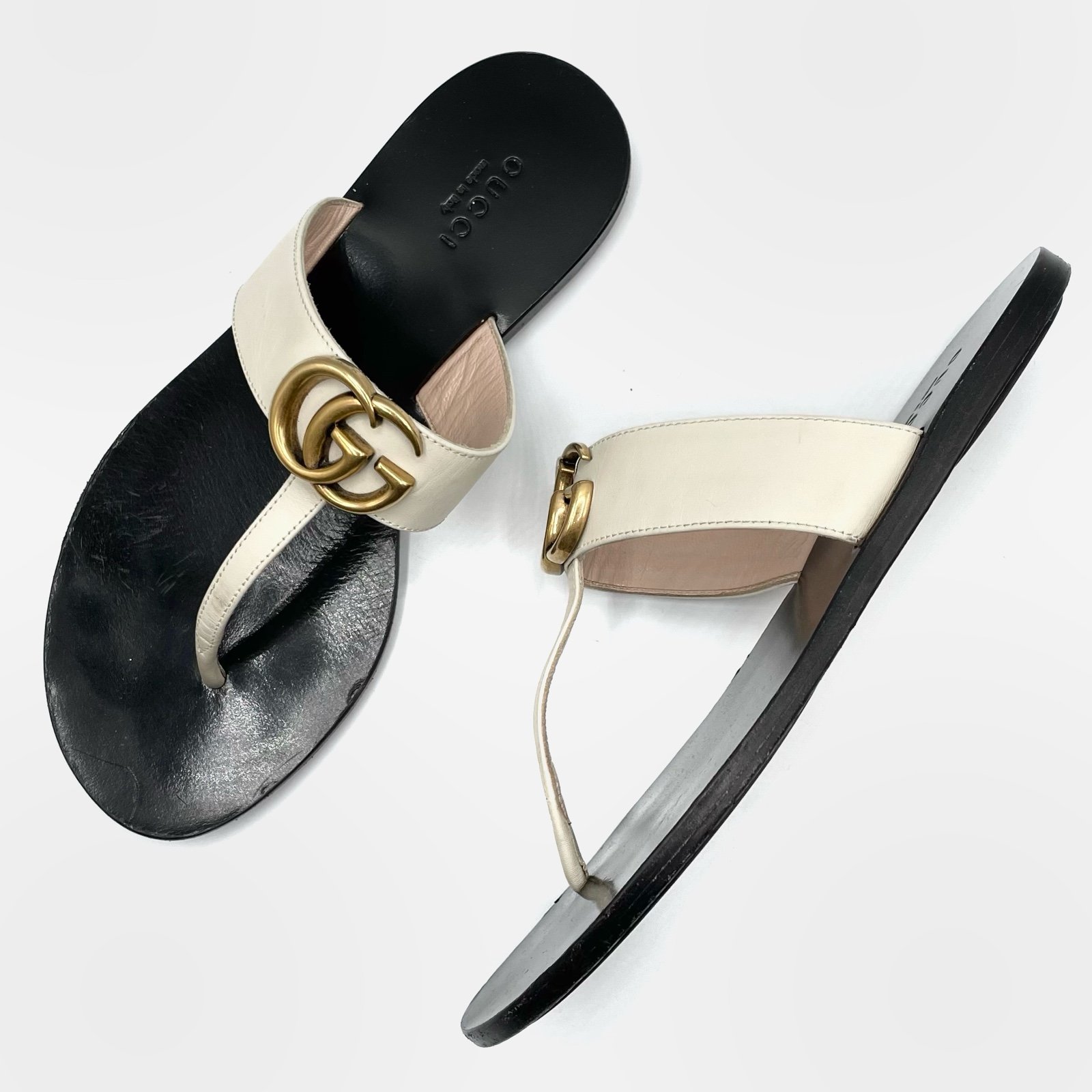 Gucci Black & White Leather Double G Marmont Logo Thong Flip Flop Flats Sandals