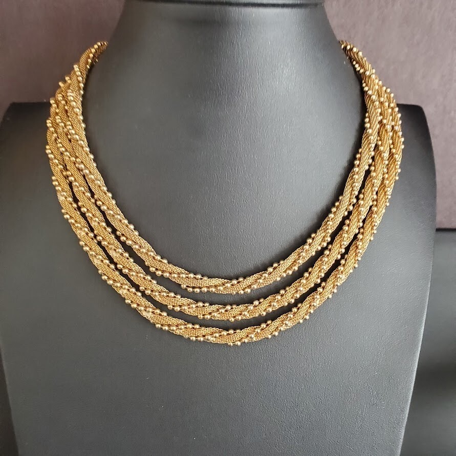 Vintage 3 Strand Twisted Mesh Necklace Gold Tone Egyptian Revival Collar