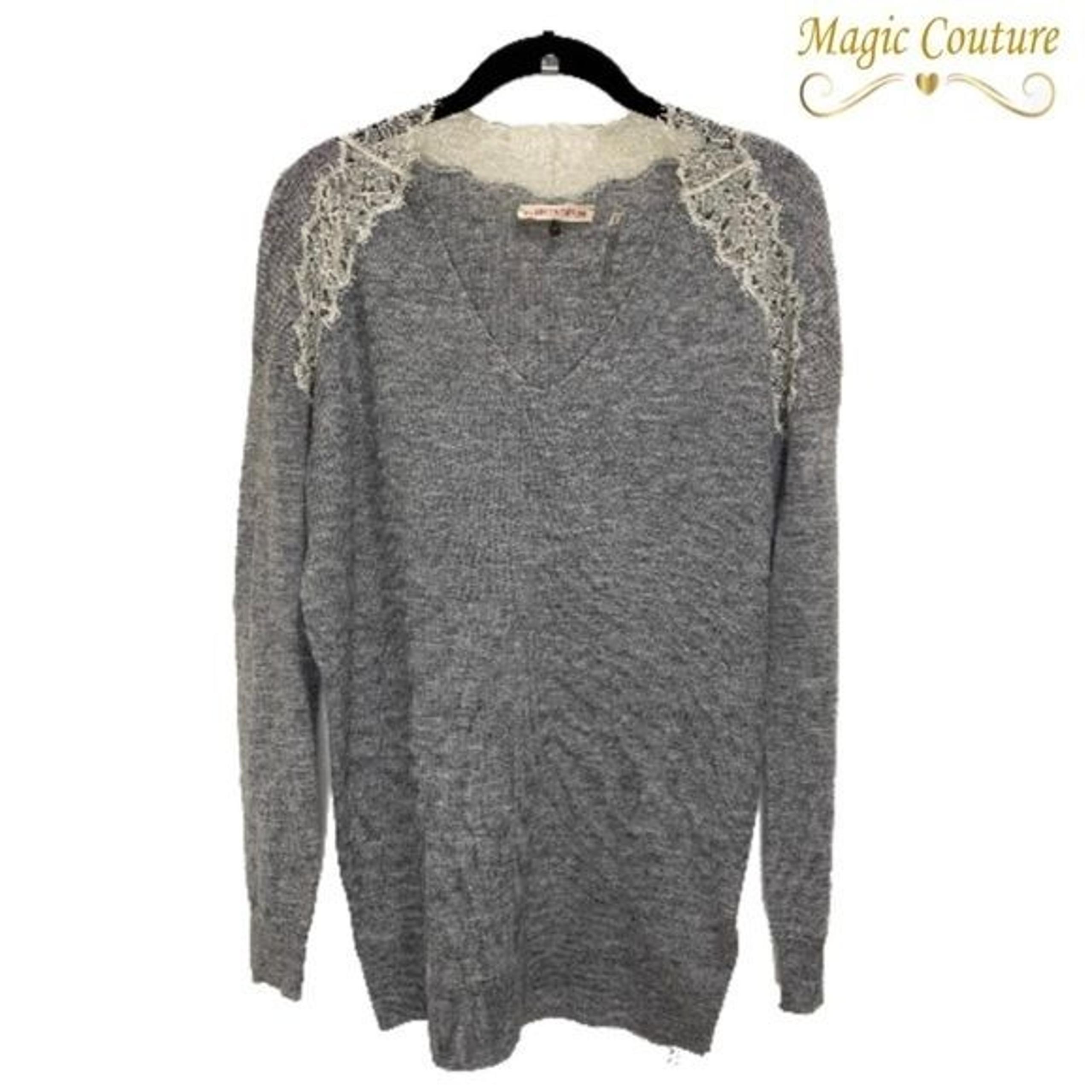 Rebecca Taylor Gray Long Sleeve Lace Trim V Neck Sweater
