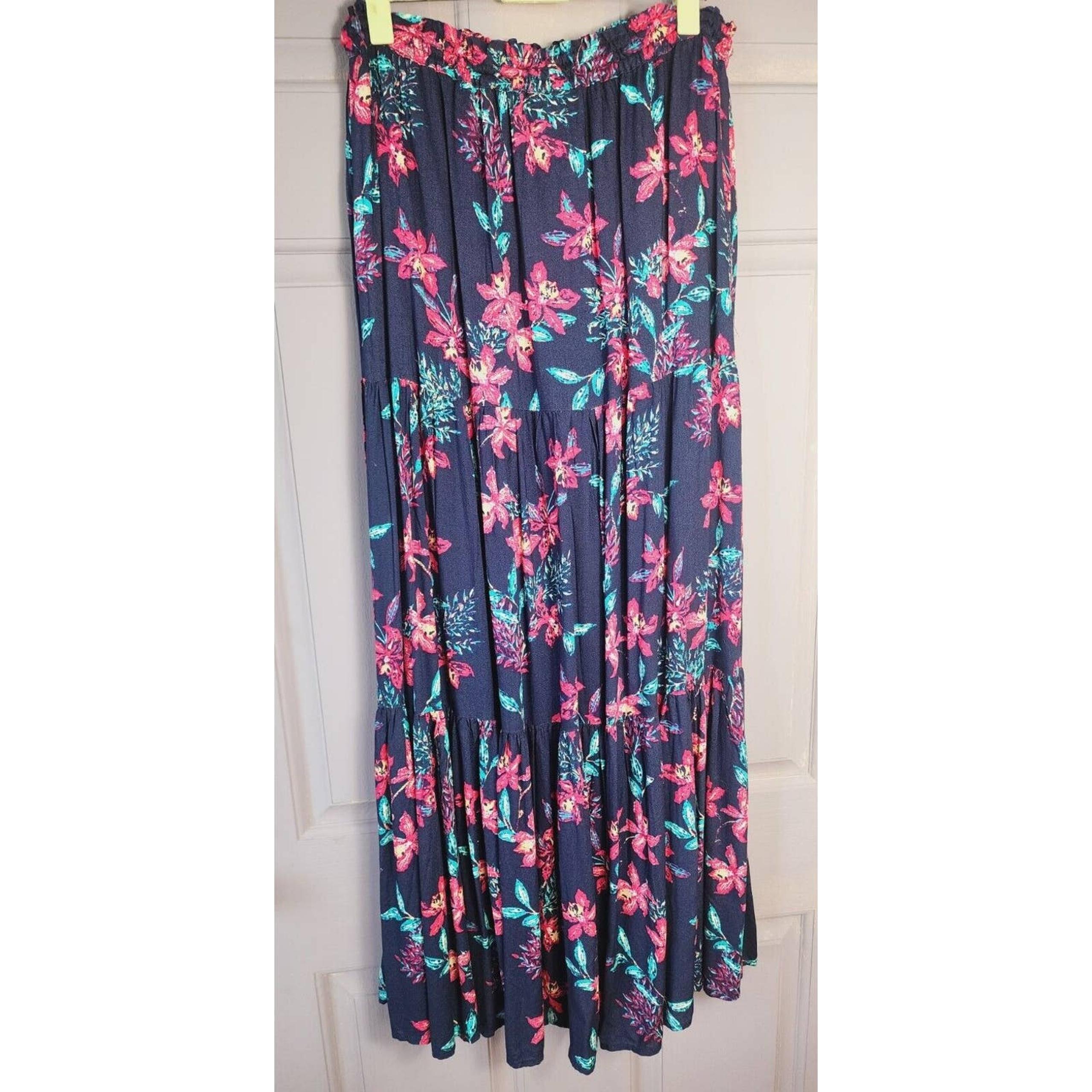 Style & Co Women's Long Floral Maxi Skirt Small Navy pink lined modest boho