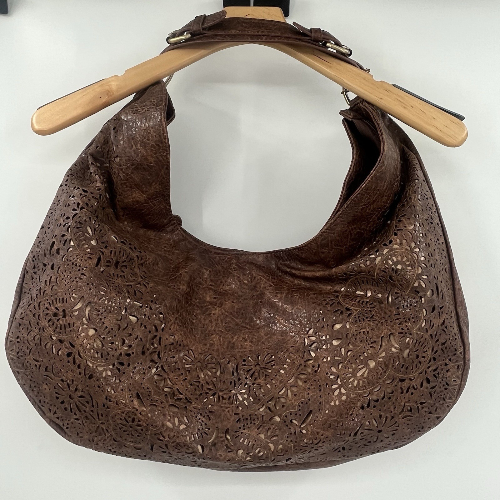 BIG BUDDLA XL Tan Bucket Shoulder Bag With Laser Cutouts Over Bronze Metallic