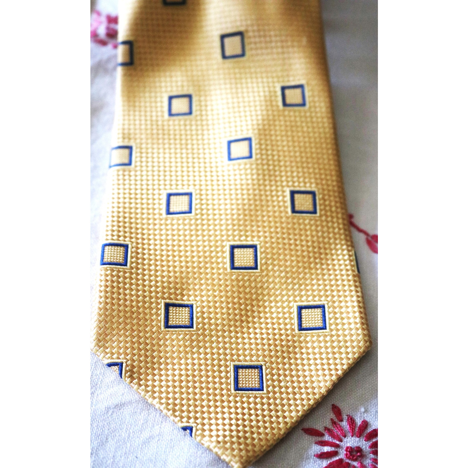 Nautica, Silk, Textured Pattern, Blue Squares, Golden Yellow, Necktie, Men's Tie
