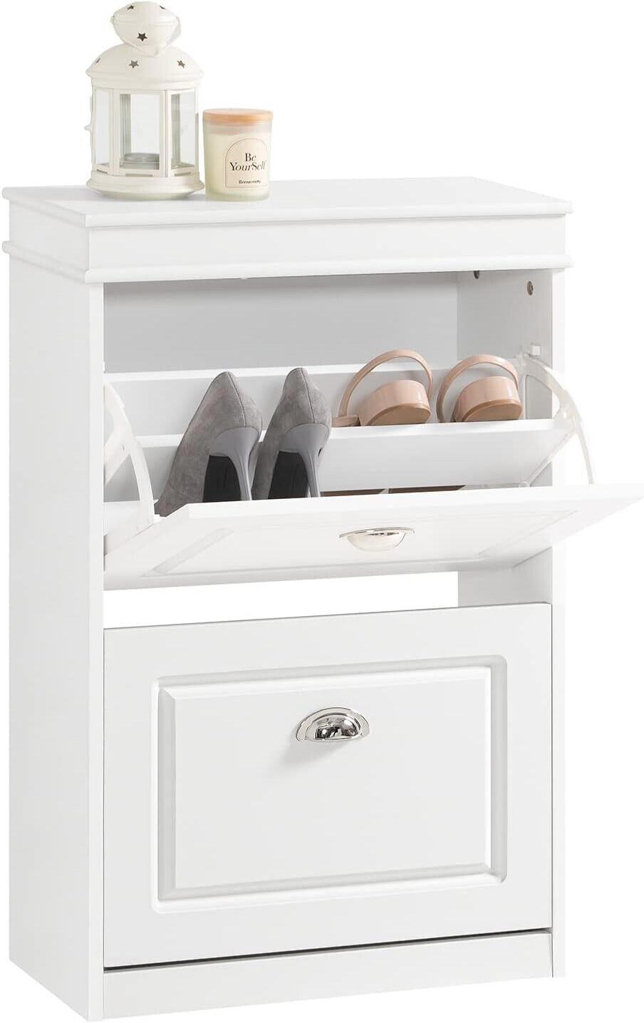 Haotian FSR78-W, White 2 Flip-Drawers Shoe Cabinet, Slim Shoe Rack, Shoe Storage