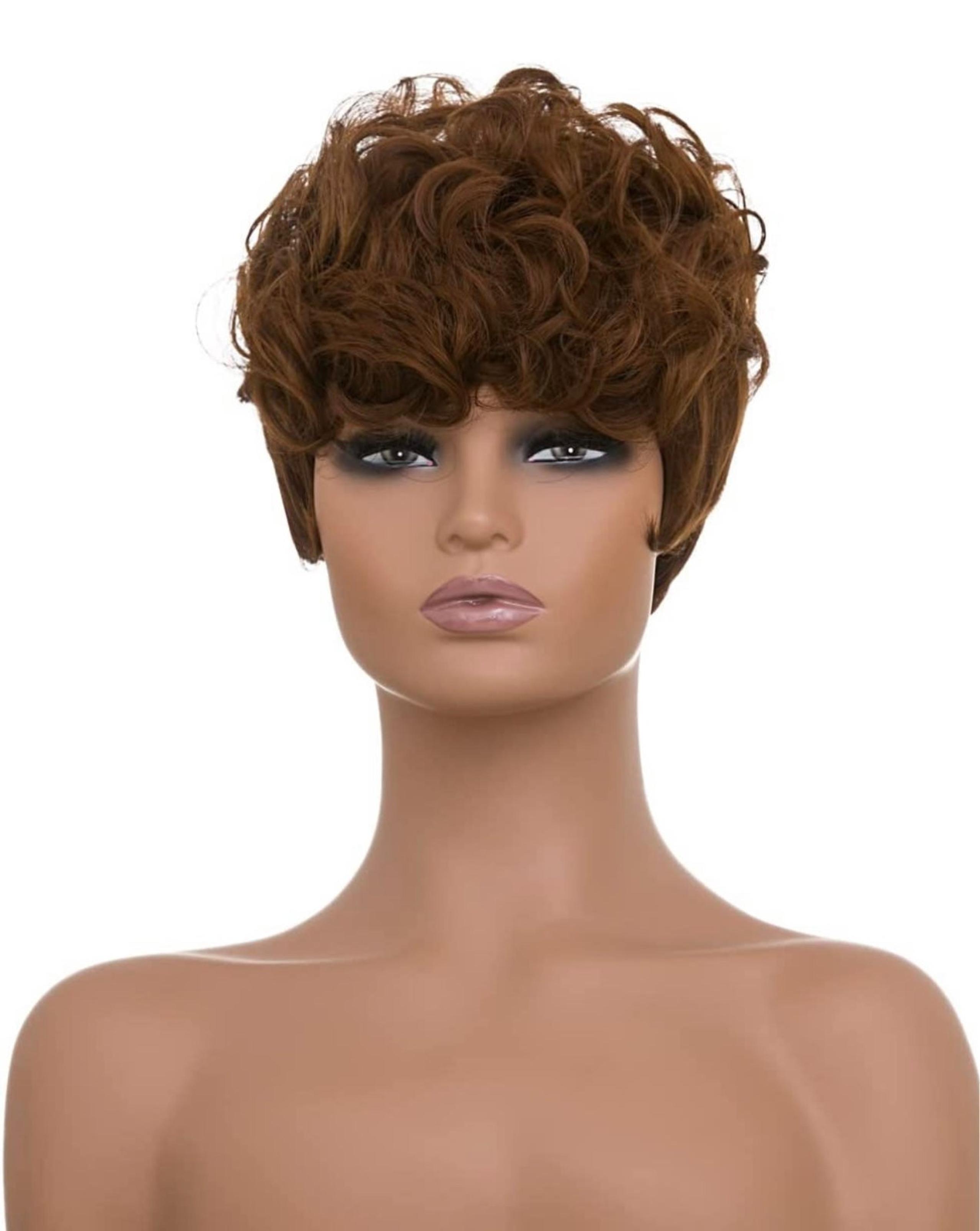 Short pixie cut wig for women brown color pixie cut wig with bang auburn curly w