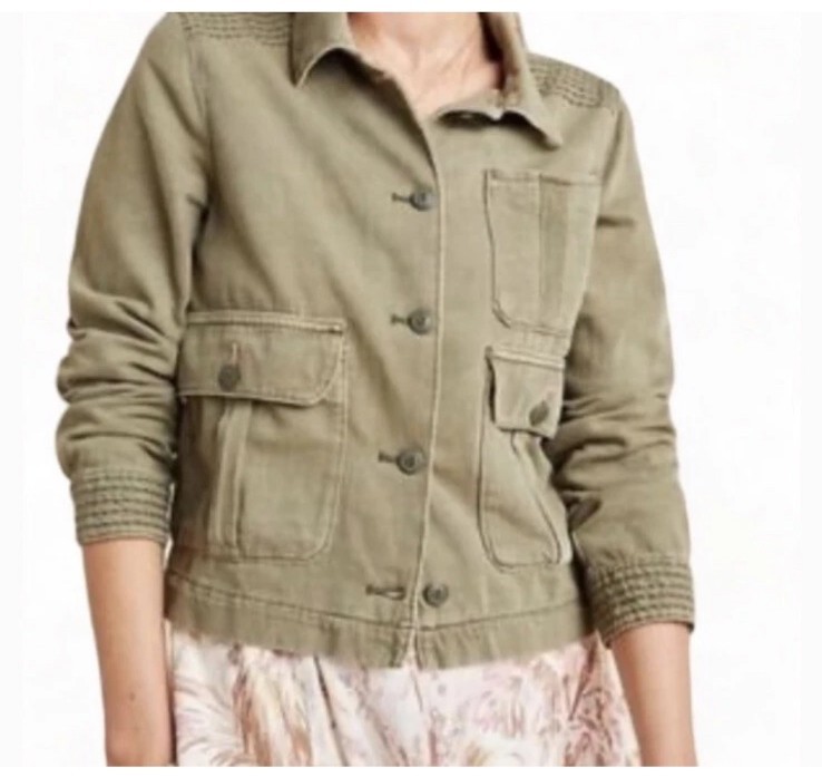 Anthropologie cotton linen washed green cargo utility jacket Large