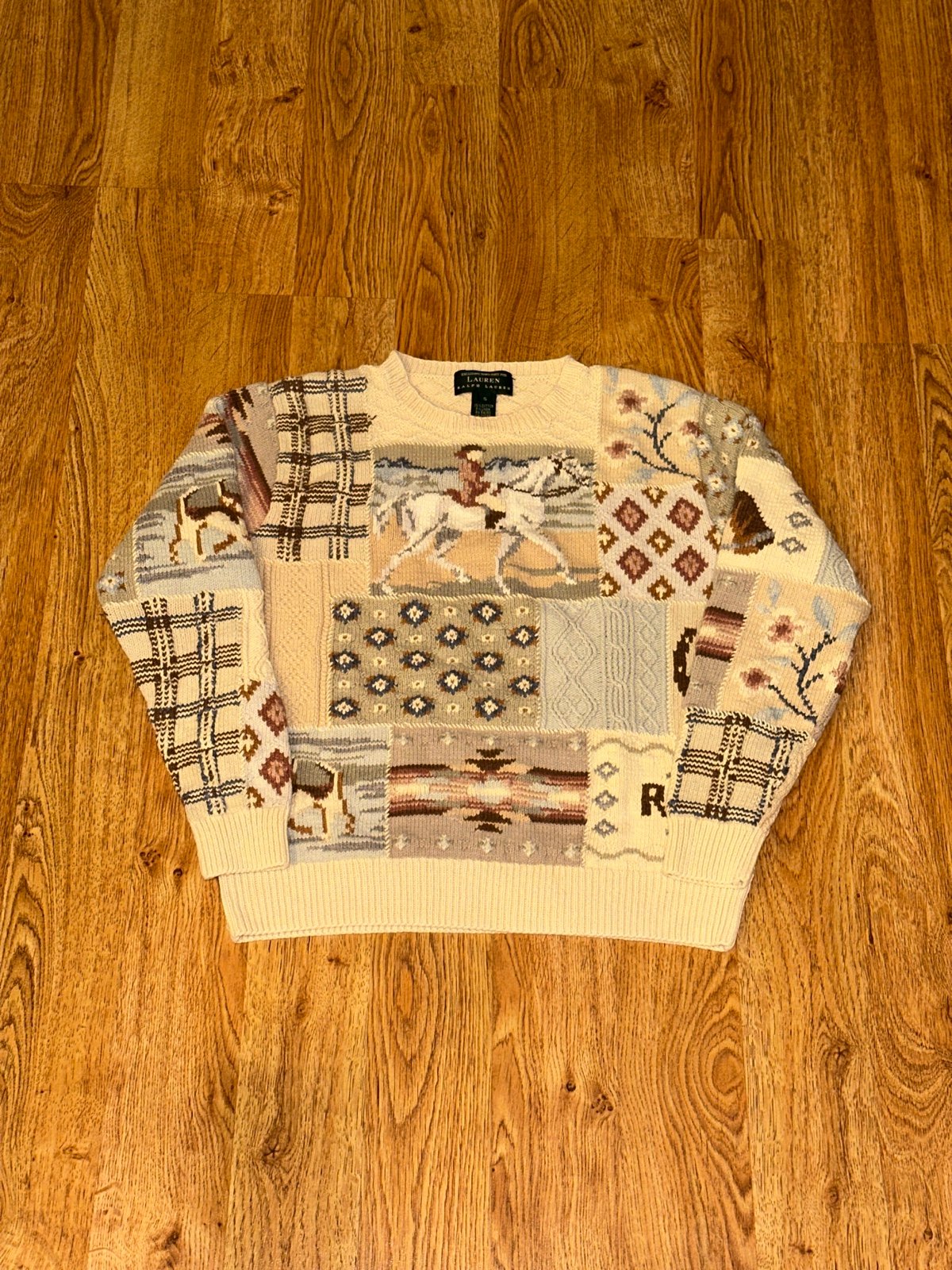 VTG LAUREN Ralph Lauren Hand Knit Equestrian Themed Polo Sweater Size Small