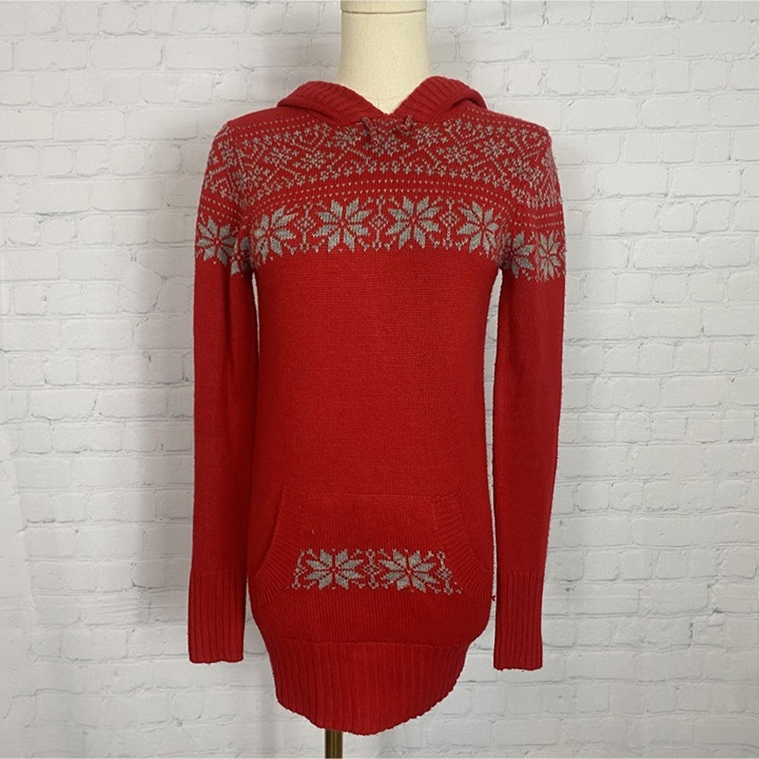 Derek Heart Small Red & Grey Fair Isle Snowflake Knit Sweater Hoodie