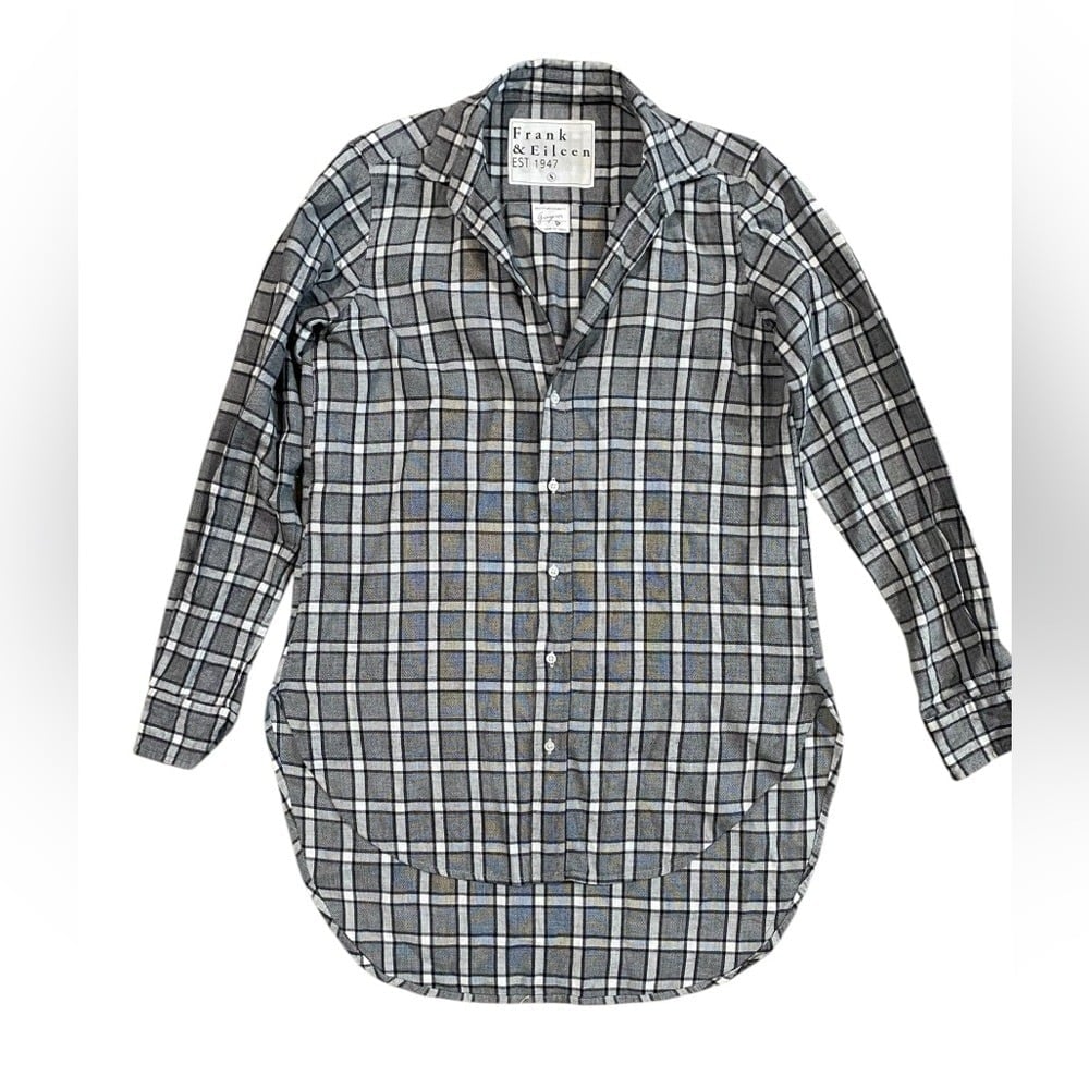Frank & Eileen Grayson Shirt Button Down Top Tunic High Low Grey White Plaid