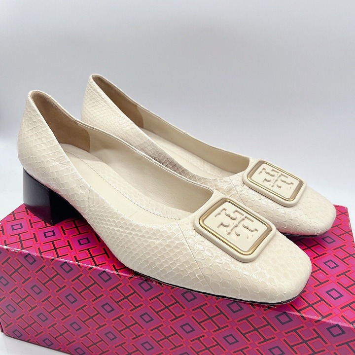 Tory Burch Georgia Pump 35MM Block Heels Shoes Snakeskin Cream Leather US 10.5