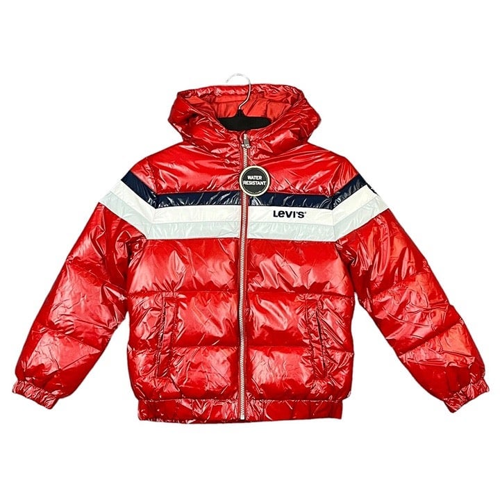 Levis Boys Full Zip Puffer Jacket Size L 12-13 Red Multic Water Resistant Hoode