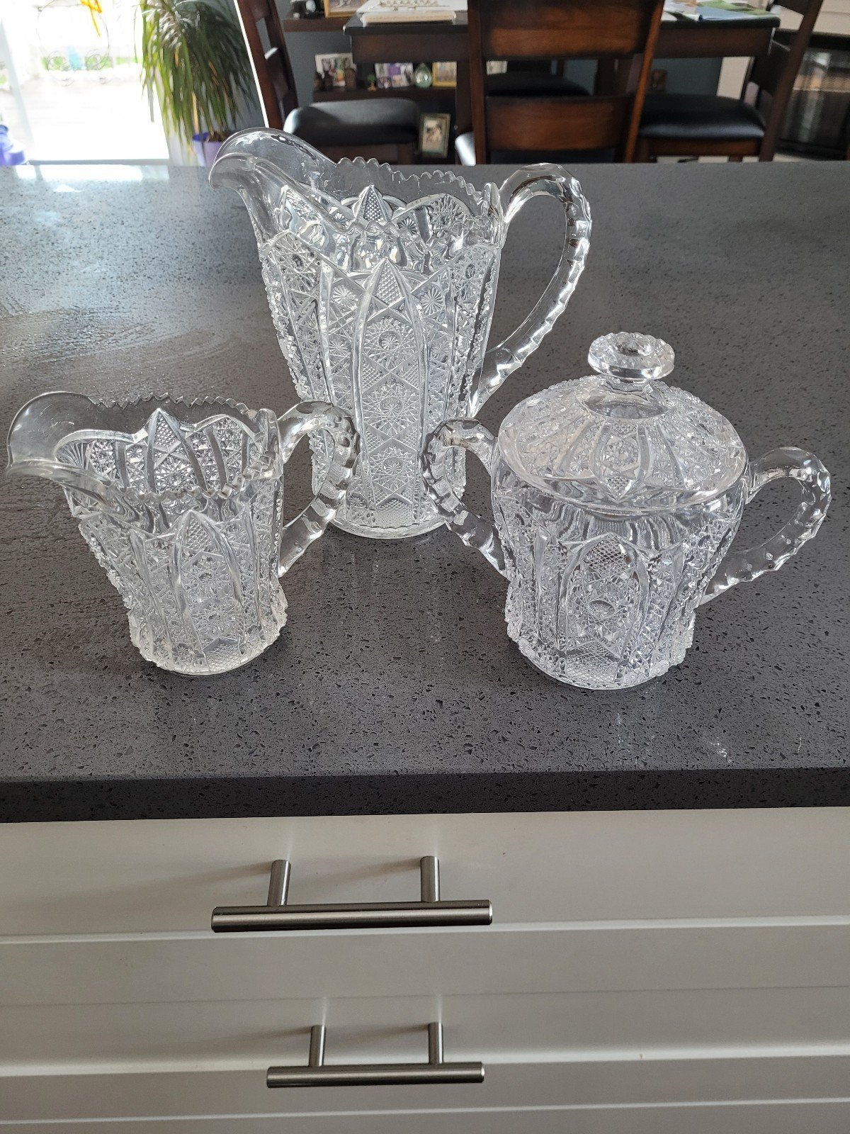 Ornate Vtg EAPG Pitchers & Cracker Jar