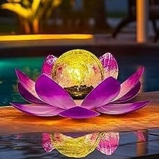 Solar Light Outdoor Garden Decor, Lotus Flower Light Crackle Globe Glass