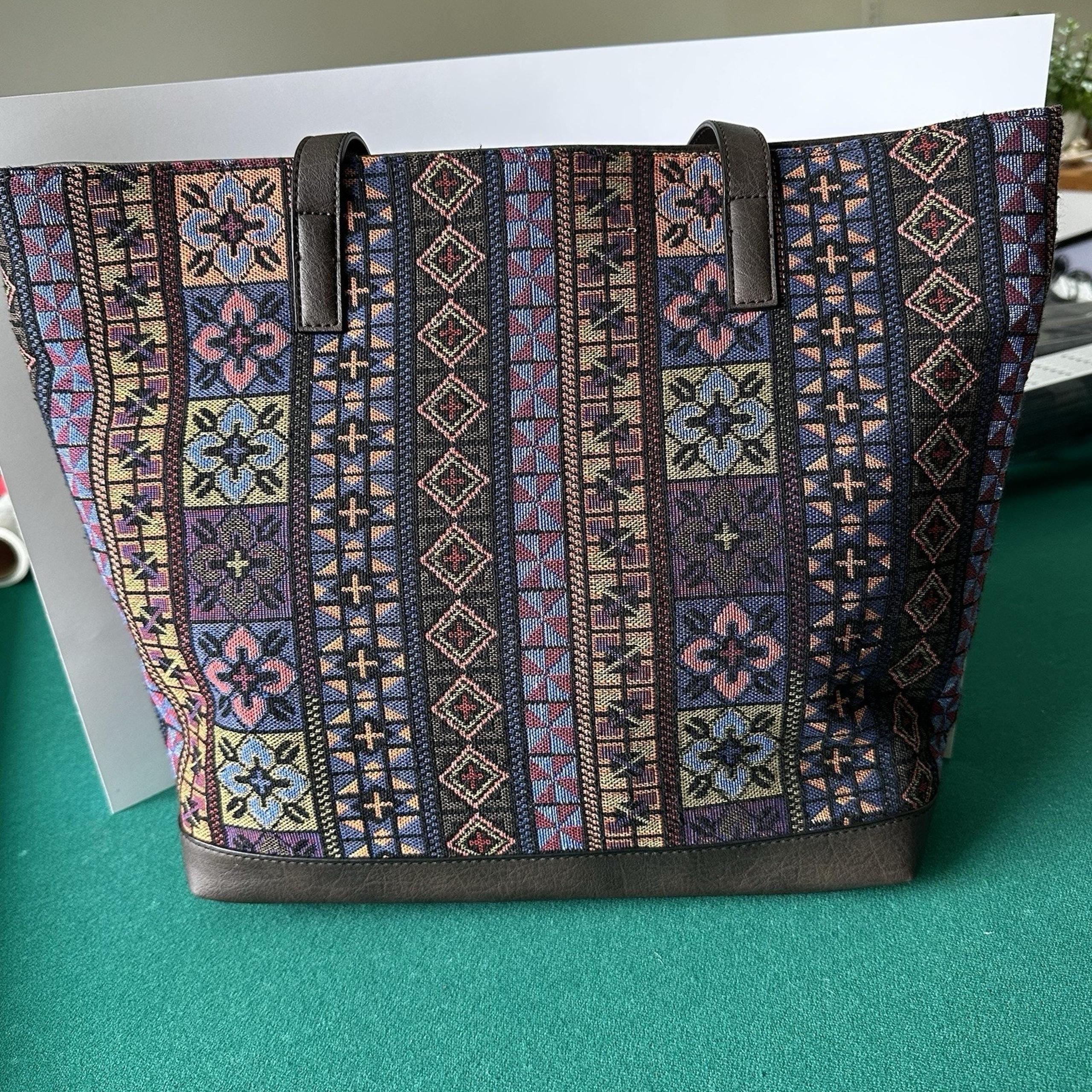 Bueno Leather Tote Bag Boho Pattern Woven Fabric Front Large Shoulder Purse