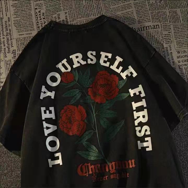 Black back rose flower print women's short-sleeved T-shirt