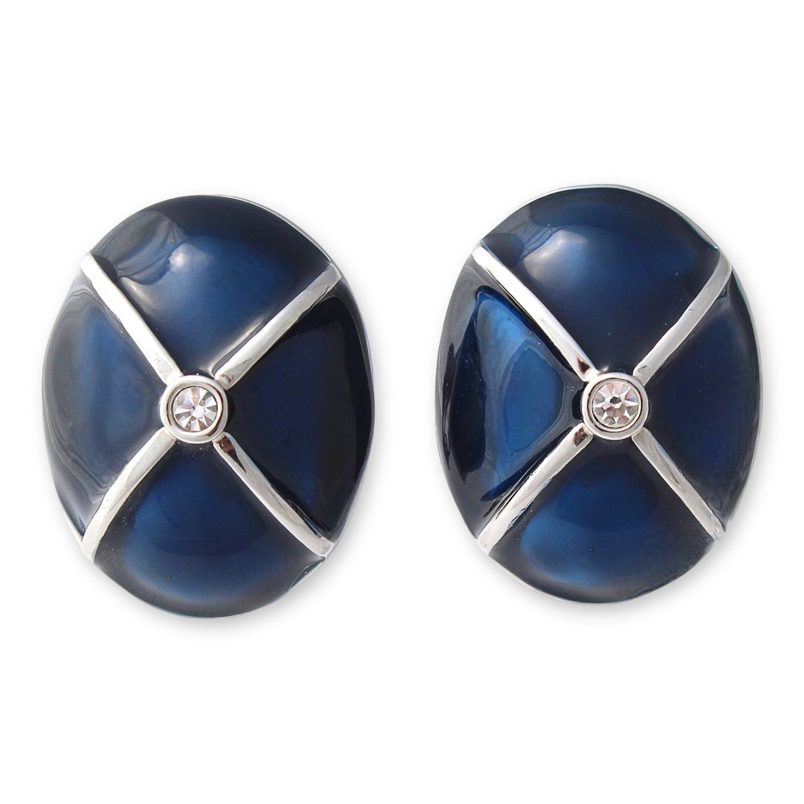 Vintage Ivana Trump Clip On Earrings Blue Enamel Silver Tone Large Domed Oval