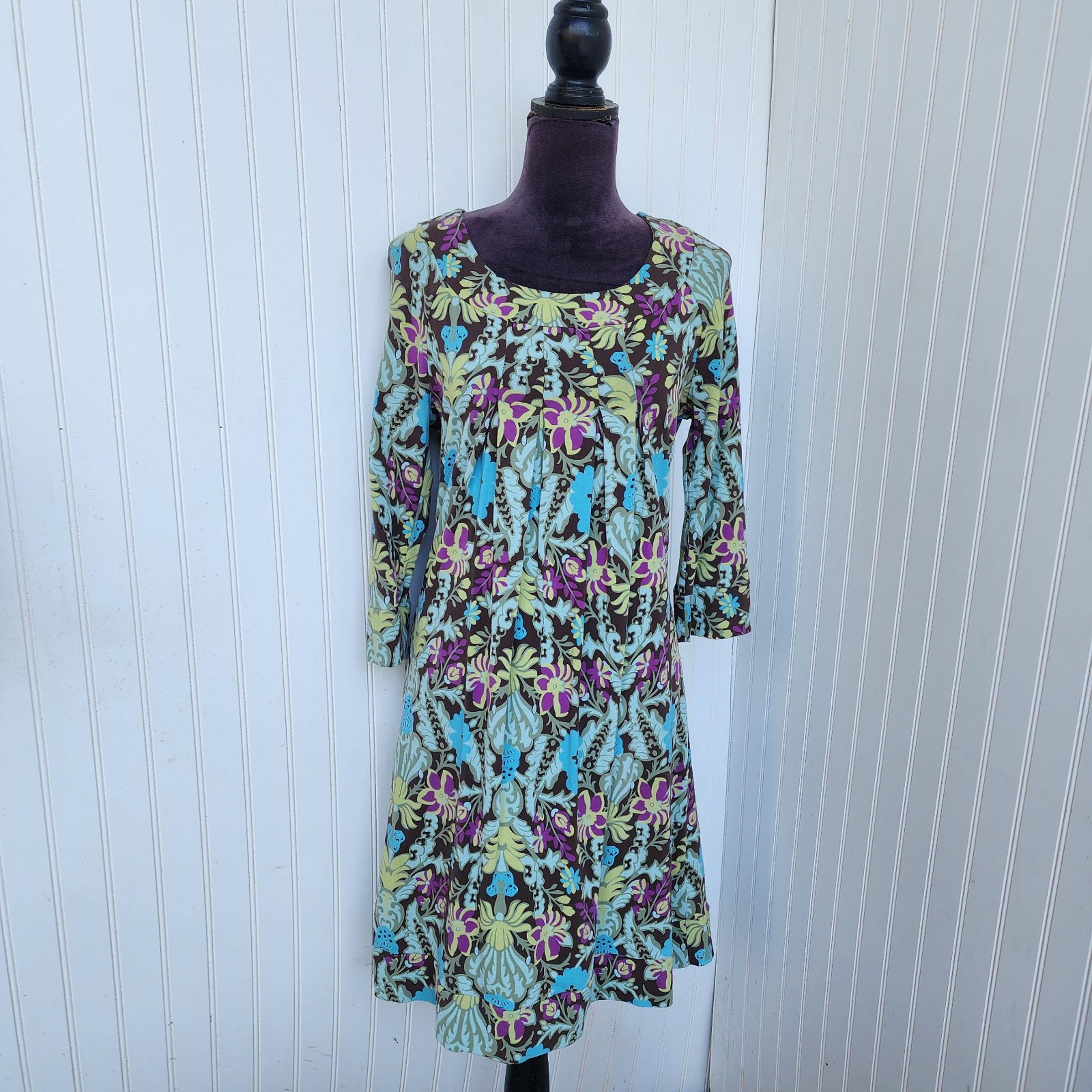 Madison Womens Brown Teal Floral Pima Cotton Stretch Dress 3/4 Sleeve Pleated S