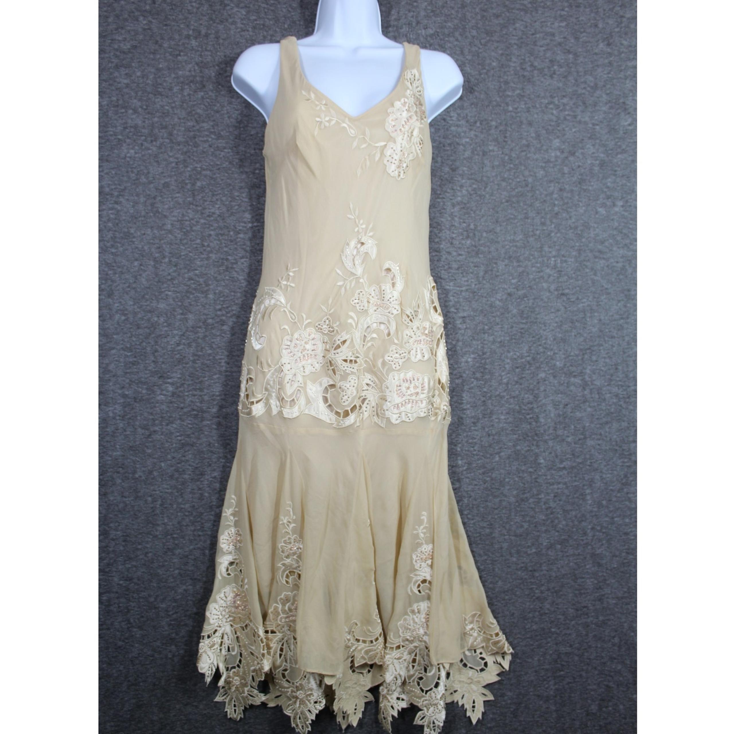 Sue Wong Silk Midi Dress Size 12 Lace Beaded Cream Fairy Wedding