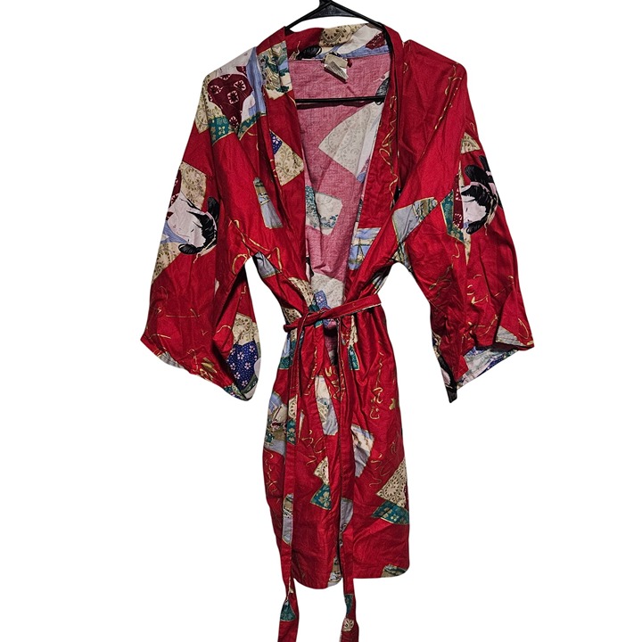 Vintage Red Kimono Robe Japanese Geisha Print Gold Accent Tie Belt Made In Japan