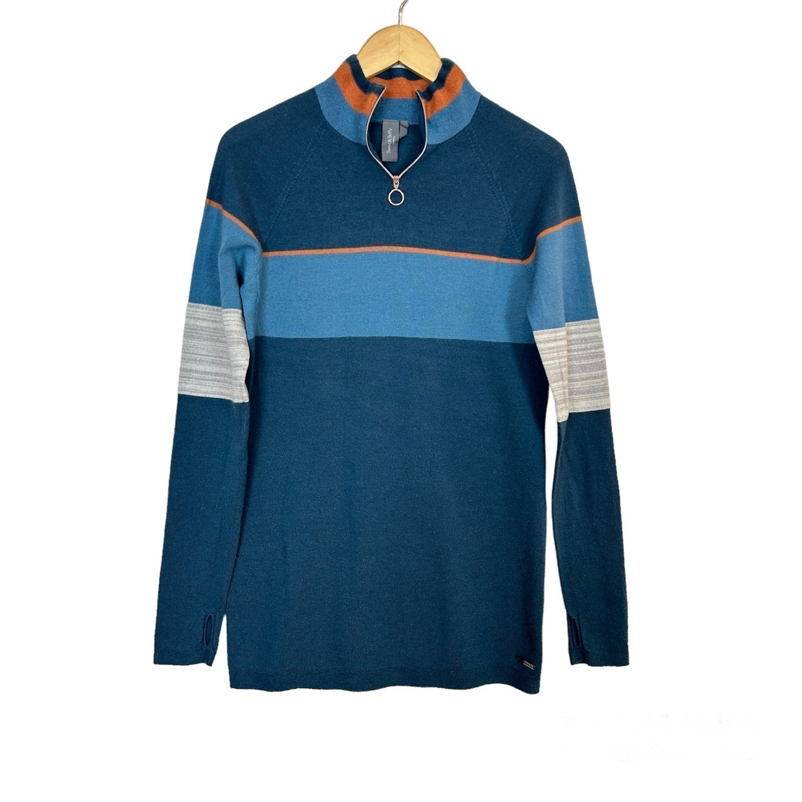 Sweaty Betty 100% Merino Wool Retro Stripe Blue Sweater Women’s Sz Large