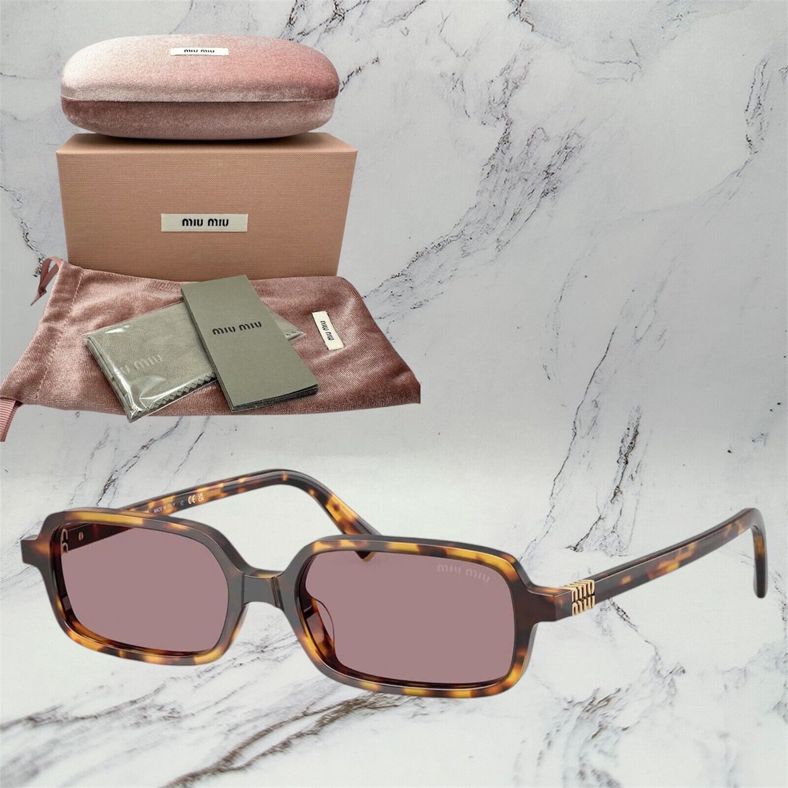 NEW MIU MIU Sunglasses Brown Square Rectangle Acetate Gold Metal Logo Authentic