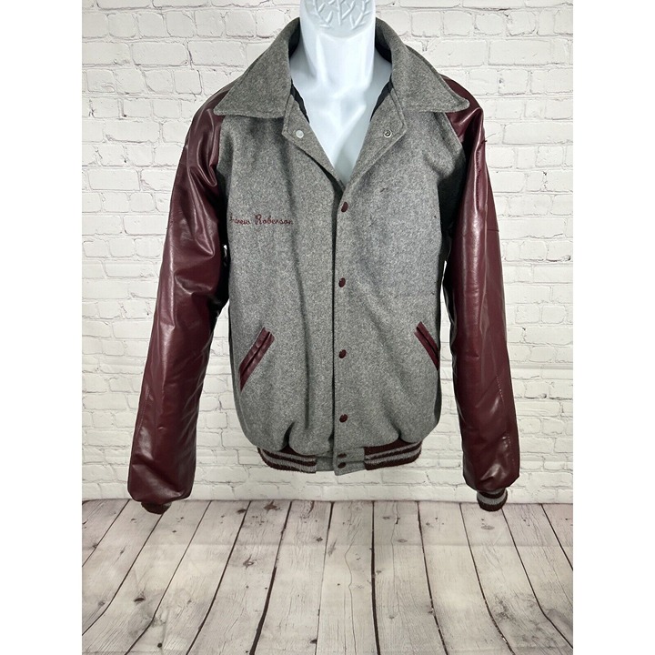 Neff Gray Maroon Wool Blend Leather Quilted Lining Letterman Varsity Jacket L