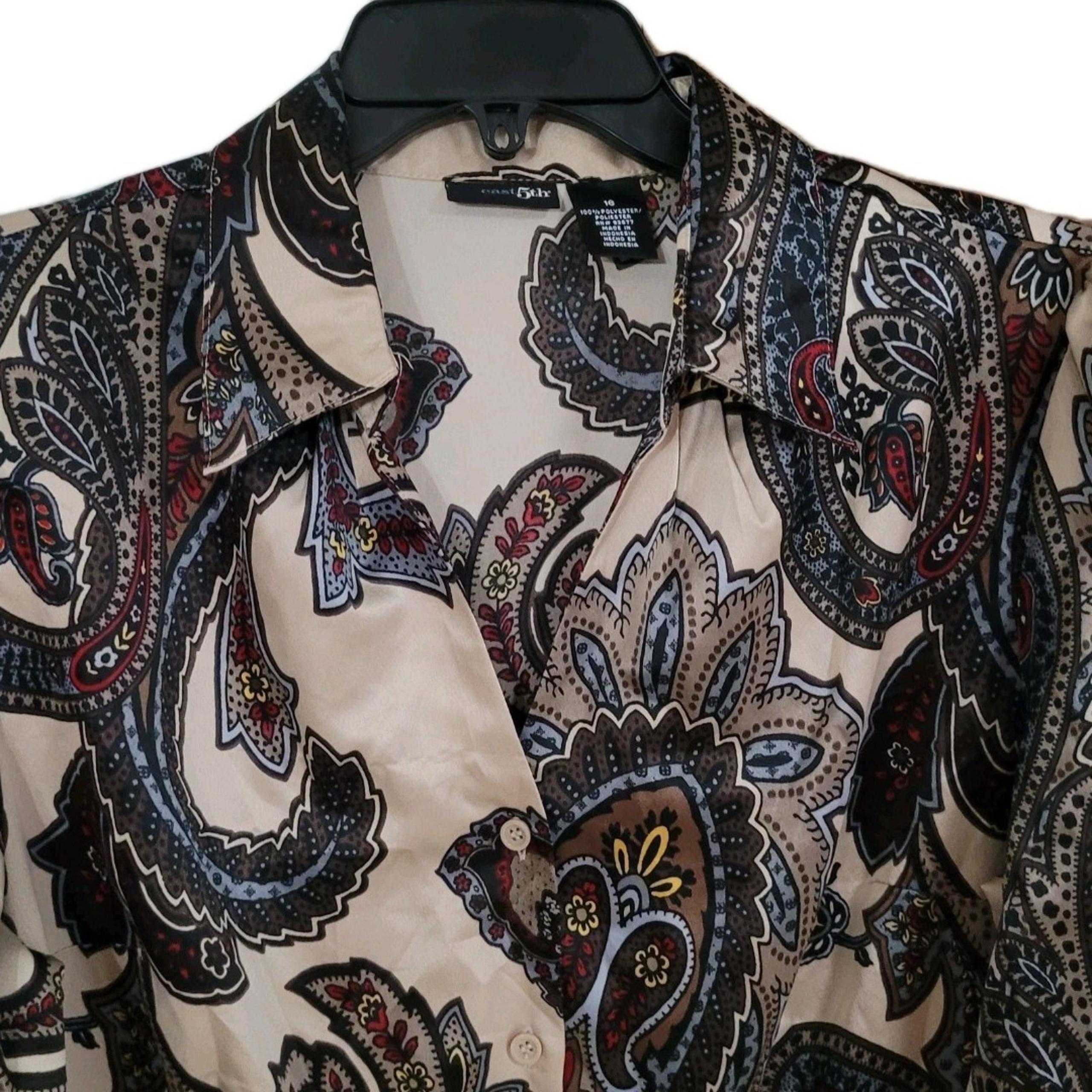 East 5th Top Womens 16 Beige Brown Paisley Satin Button-Up Career Boho Casual