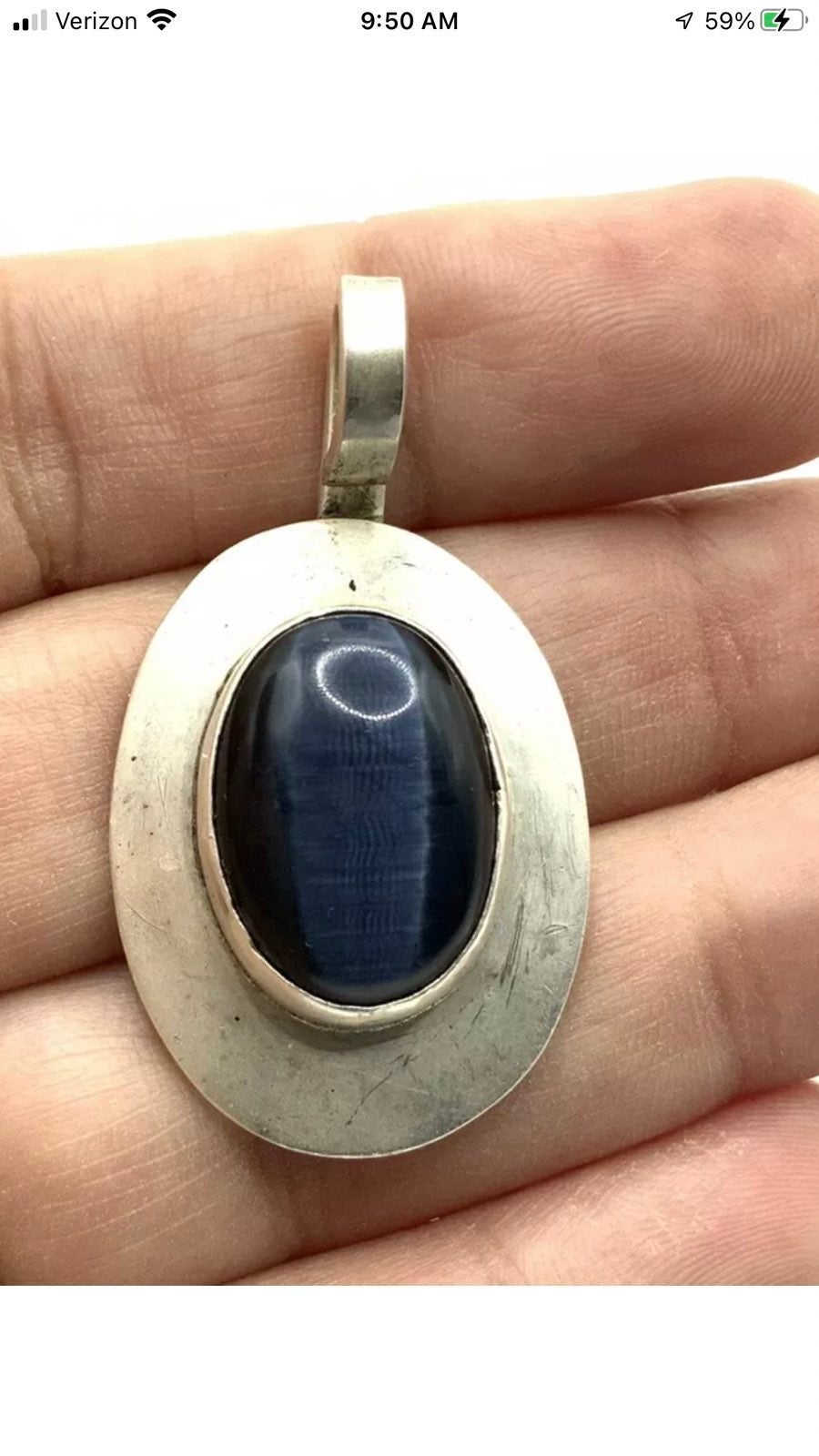 VINTAGE SOUTHWEST TAXCO MEXICO STERLING SILVER BLUE CATS EYE PENDANT 11.2 GRAMS
