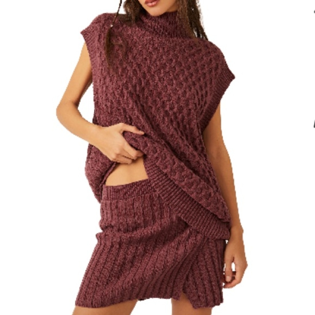 Free People Rosemary Cotton Blend Sweater Miniskirt Set in Plum Jam Size Medium