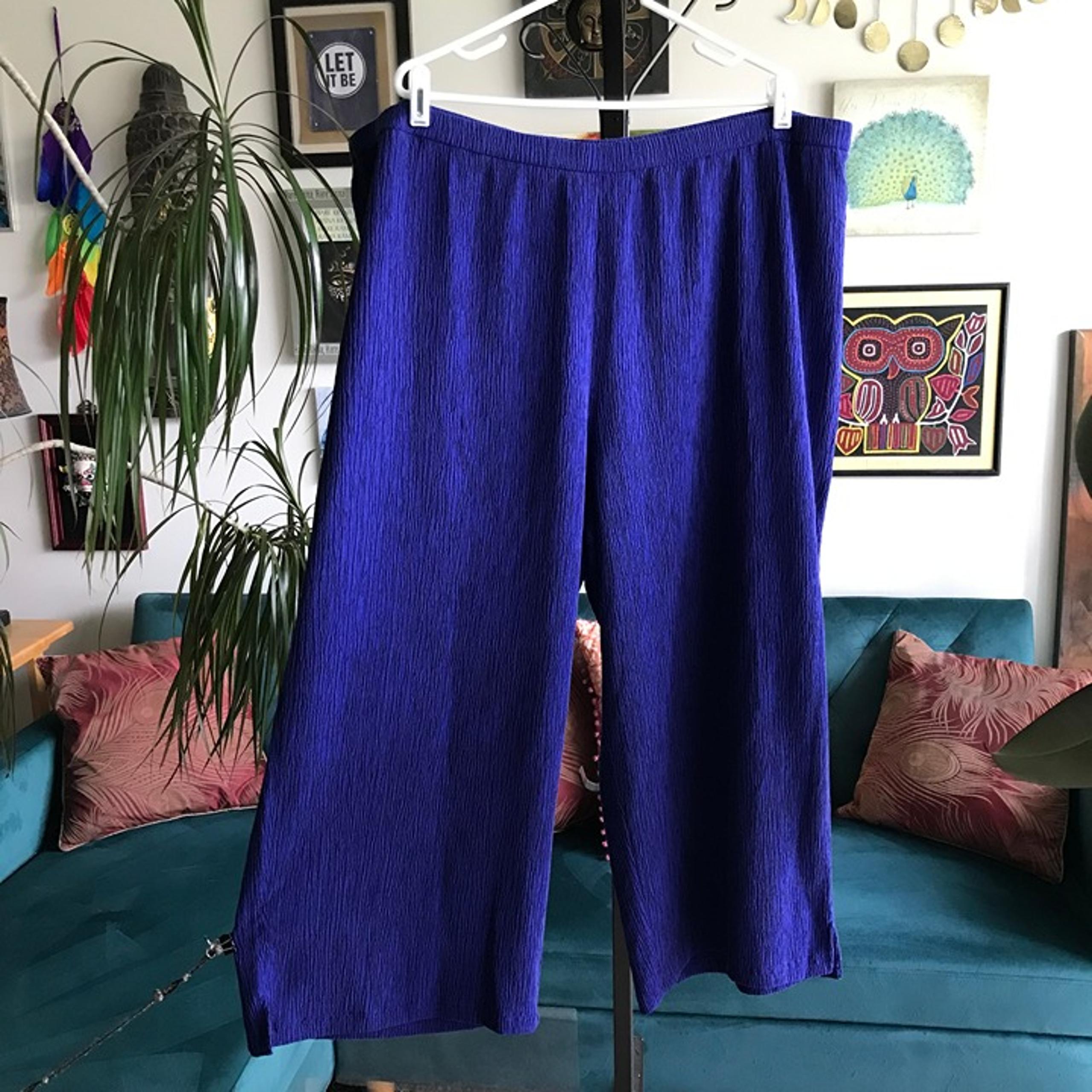 EILEEN FISHER size 3X Royal Blue Crinkle Tencel Blend Wide Leg Cropped Pants
