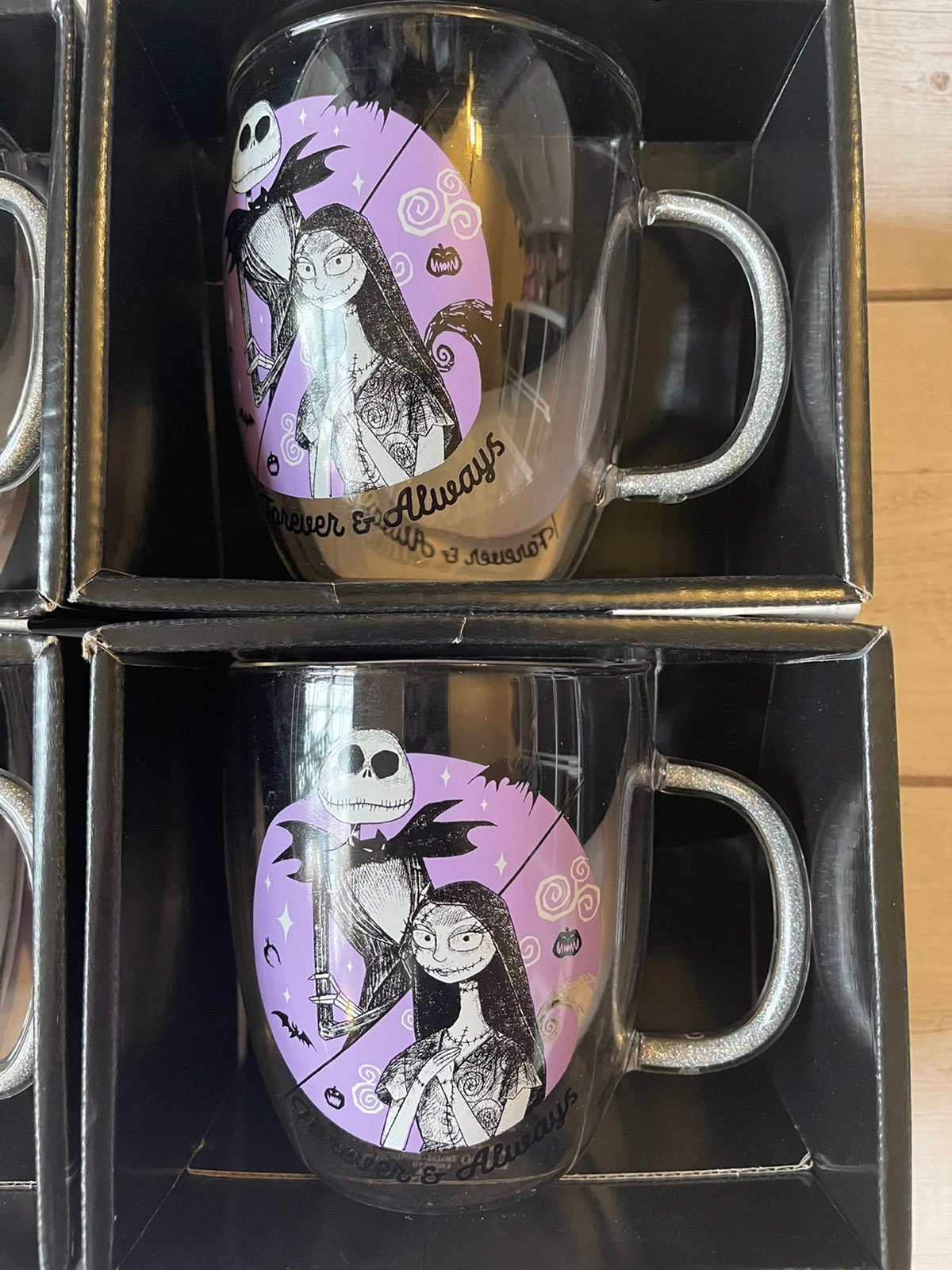 2X The nightmare before Christmas Glass Mug with Glitter filled Handle
