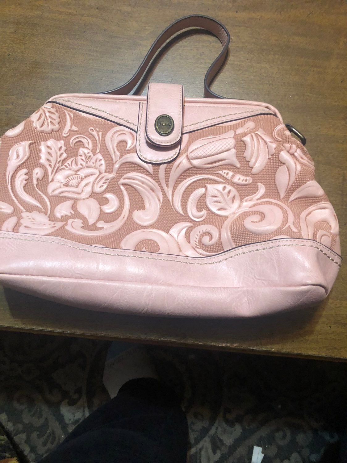 Krona Polaris Satchel. Pink. Foral embossed pattern.