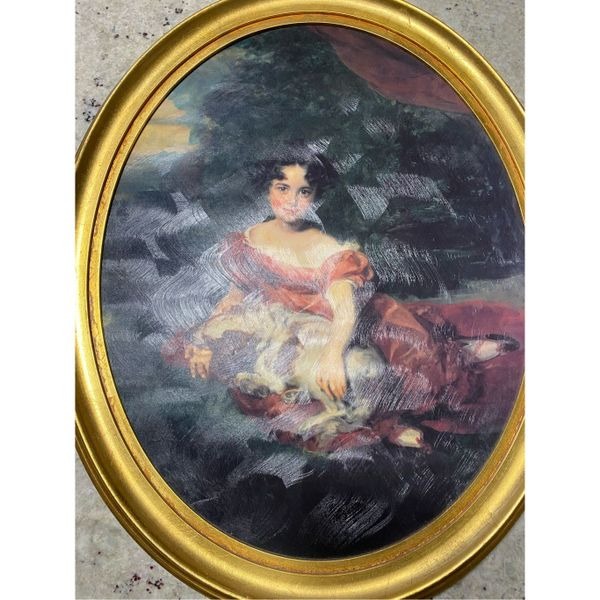 Vintage Gold Victorian woman Framed Oval Canvas Print 19” X 22”