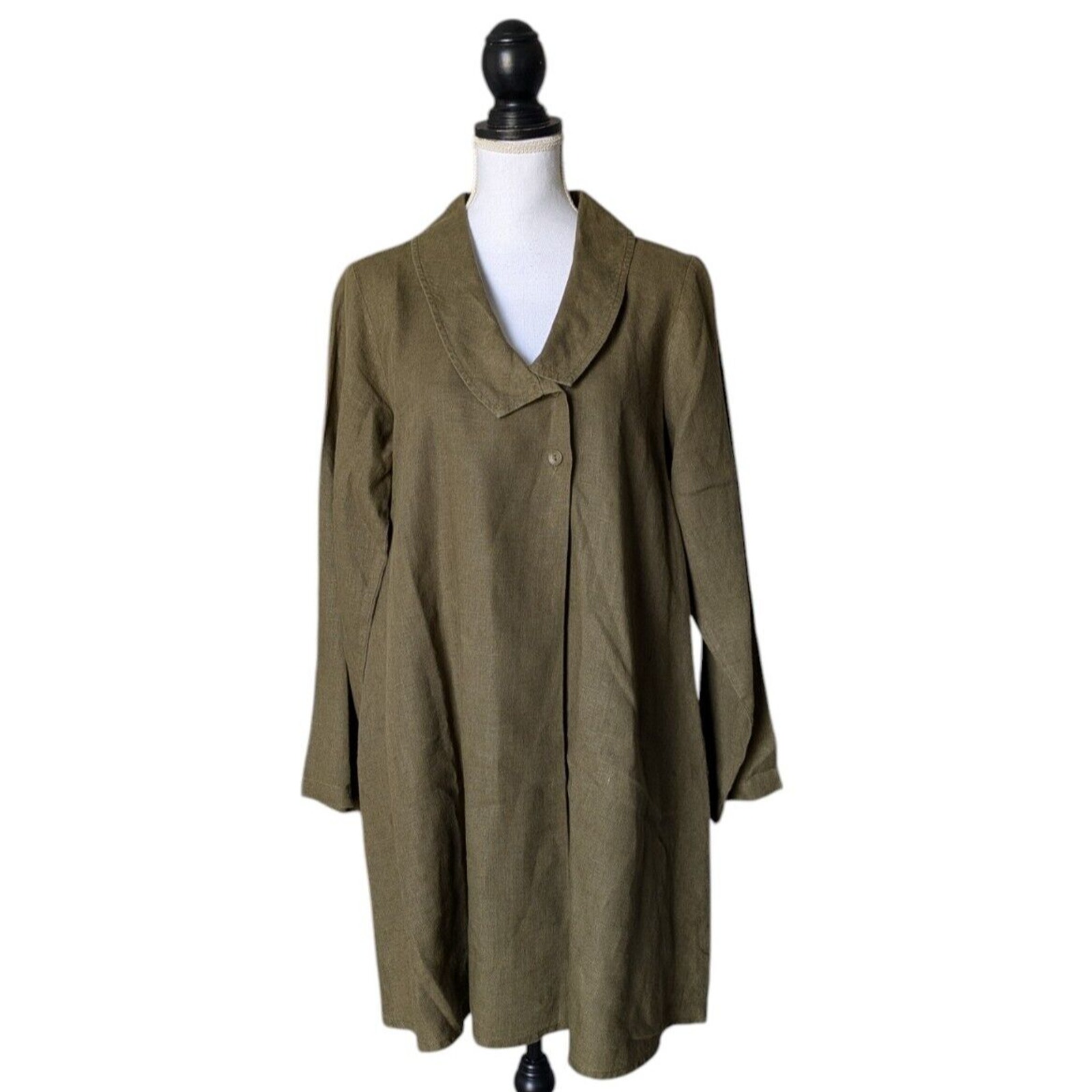 Flax 100% Linen Olive Green Asymmetrical Drapey Long Sleeve Tunic Top Lagenlook