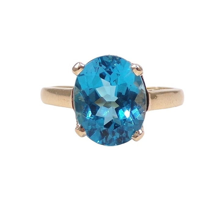 Solid 14K Yellow Gold Blue Topaz Solitaire Ring Size 6.75