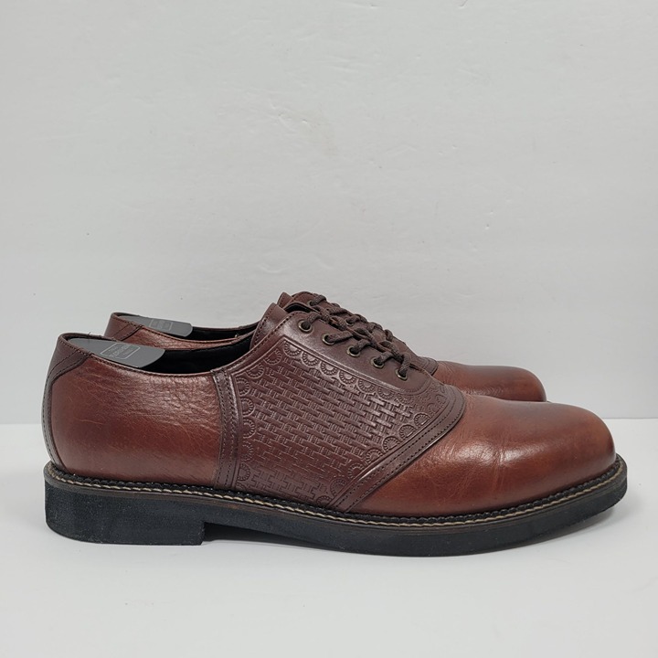 H.S. Trask Woven Saddle Plain Toe Two Tone Men's Brown Oxfords Shoes US Size 12M