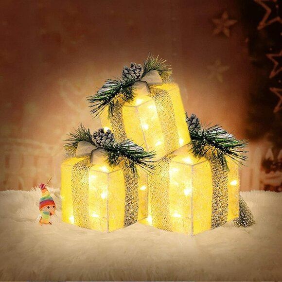 NEW Set of 3 Christmas Lighted Gift Boxes, Pre-lit 60 LED Light Up Present