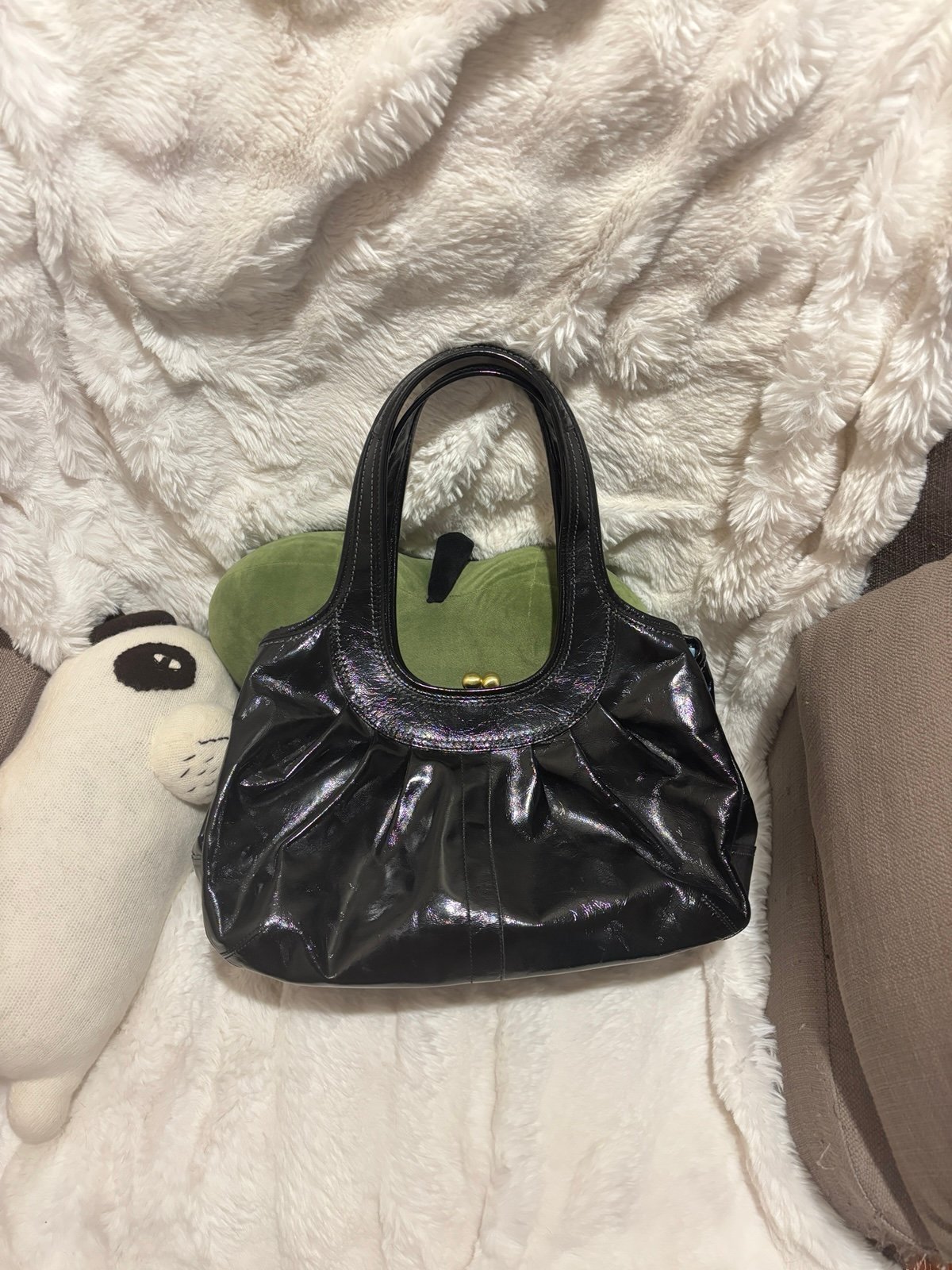 COACH Shoulder Bag Black Patent Leather Satchel Kisslock