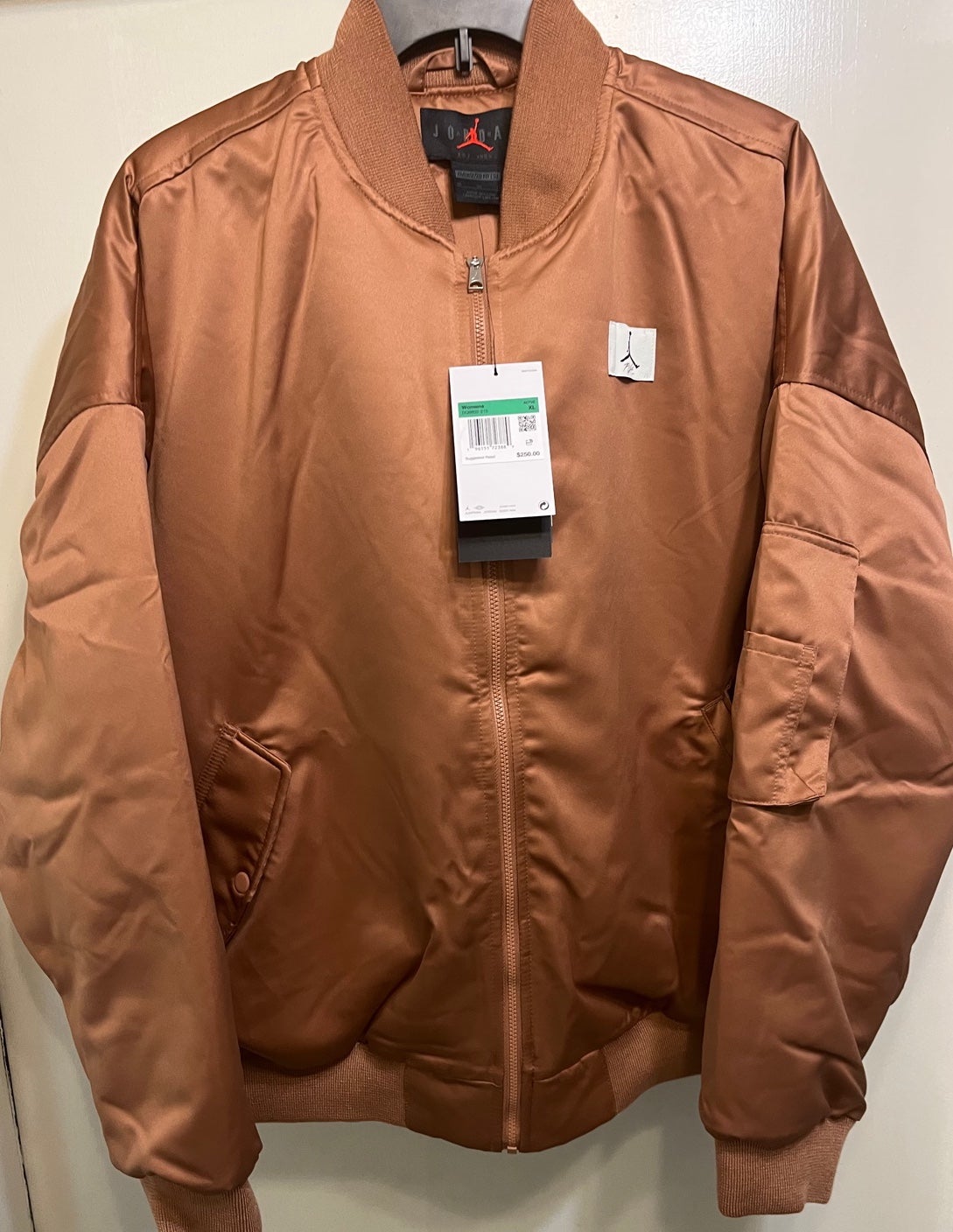 Nike Women Jordan Flight Renegade Oversized Bomber Satin Jacket Brown Sz XL 250