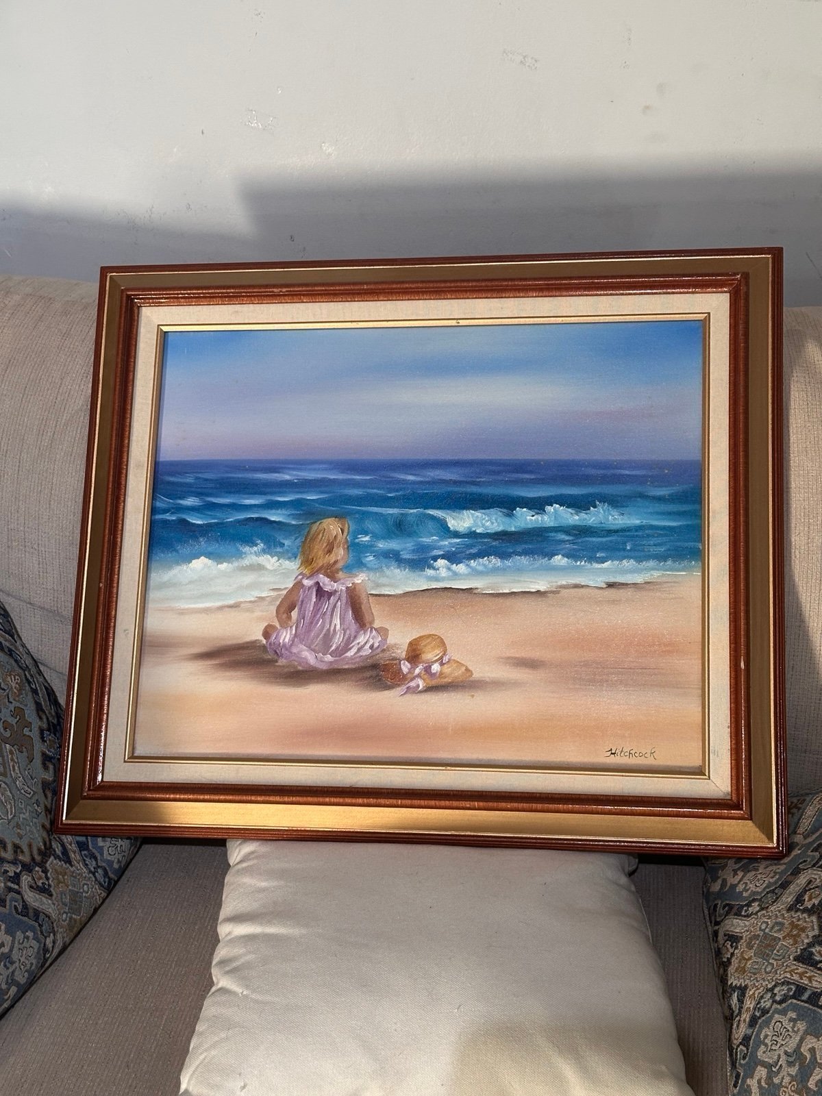 Framed Original Hitchcock little girl Beach art