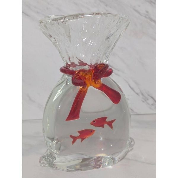 Murano Vintage Bag Tied With Bow Two Gold Fish Blown Glassware