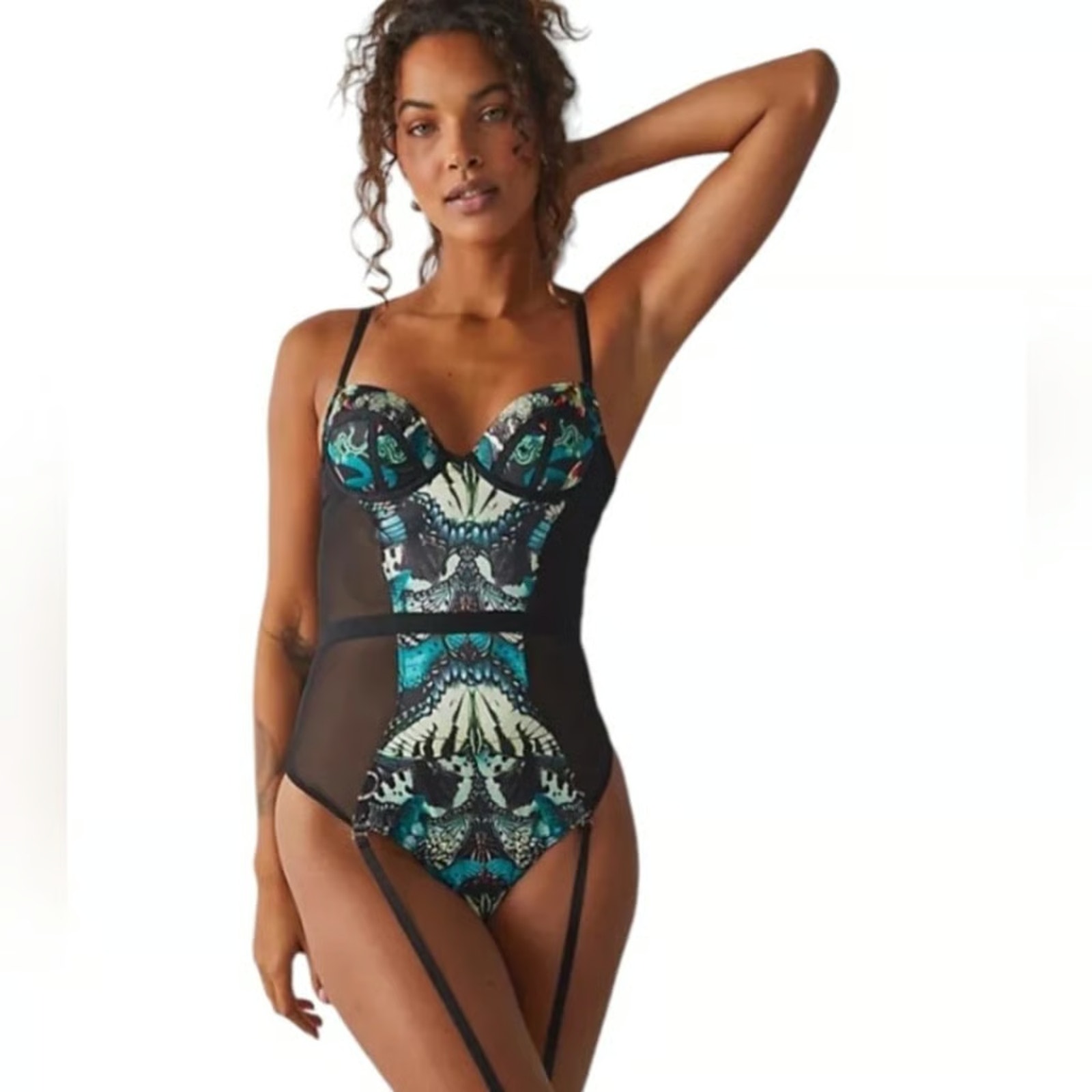 Thistle and Spire Bodysuit Womens Extra Small Tourmaline Butterfly Monarch Satin