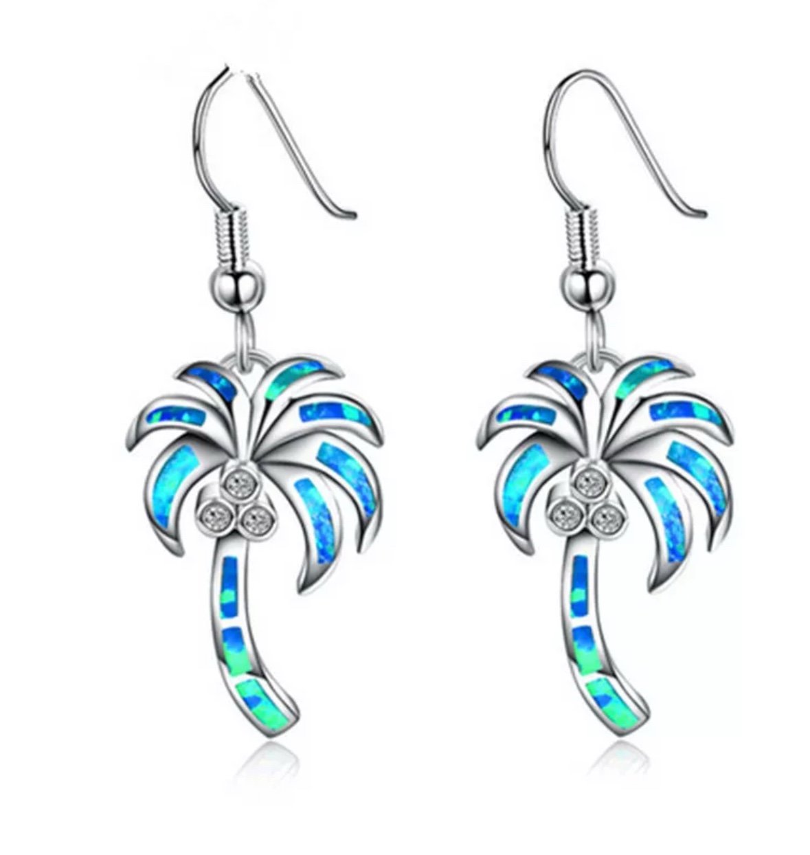 Blue Lab-Created Opal Inlay and CZ Palm Tree Drop Earrings in Sterling Silver