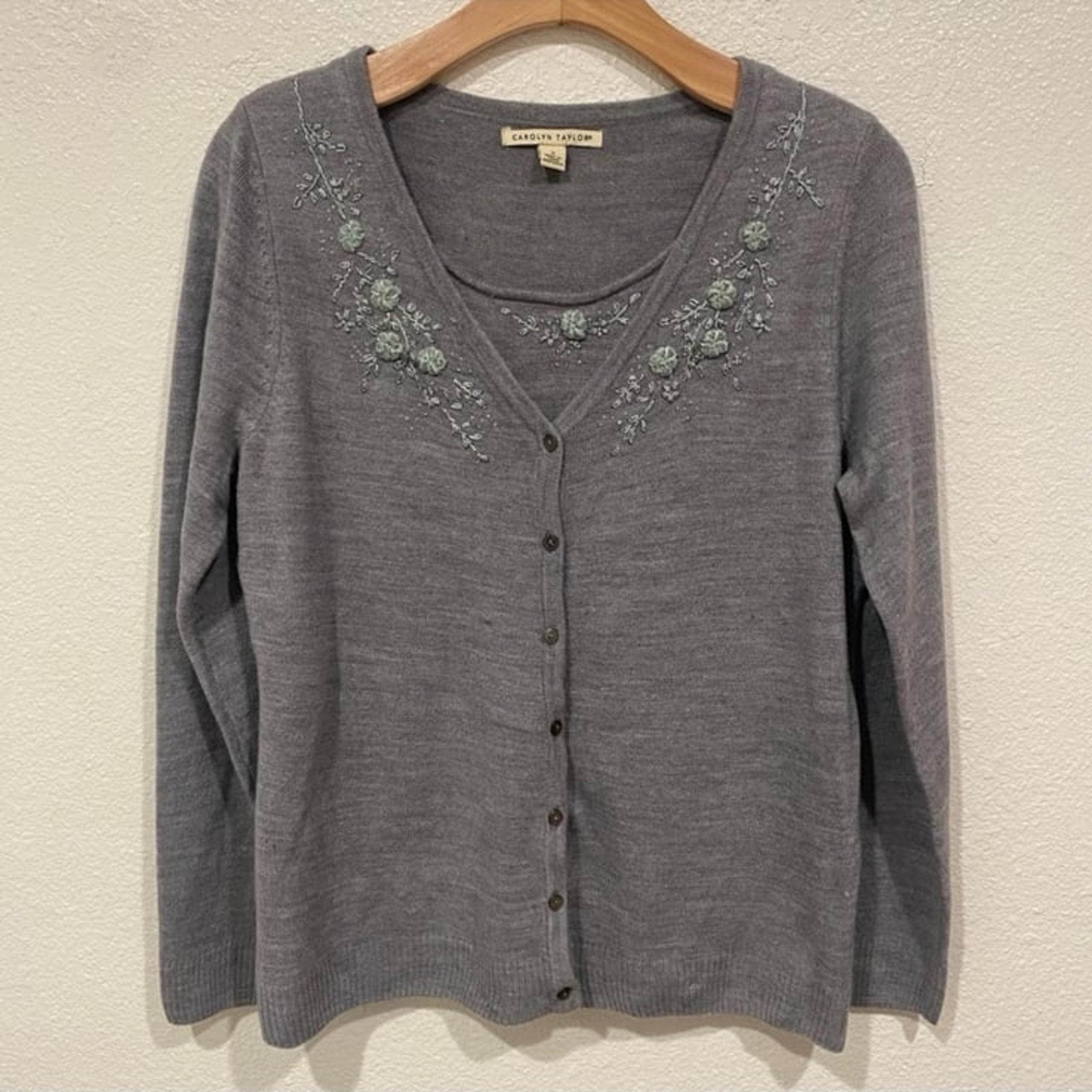 carolyn taylor grey floral embroidered long sleeve sweater cardigan top shirt