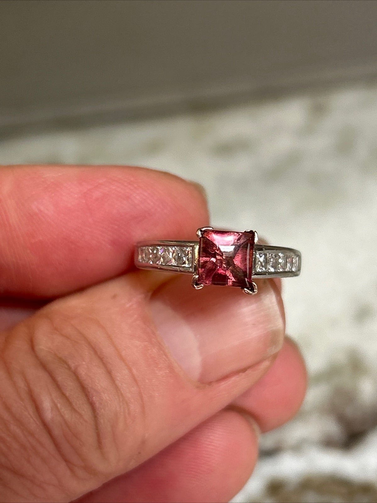 VINTAGE PLATINUM SEMI MOUNT RING SIDE DIAMONDS PINK TOURMALINE STONE SZ 7